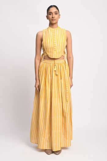 JAYATI GOENKA_Yellow Cotton, Chanderi Silk Tassels High Neck Sandy Printed Top And Skirt Set _Online_at_Aza_Fashions