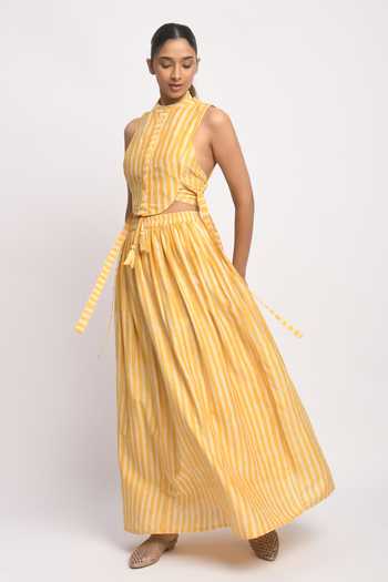 Buy_JAYATI GOENKA_Yellow Cotton, Chanderi Silk Tassels High Neck Sandy Printed Top And Skirt Set _Online_at_Aza_Fashions