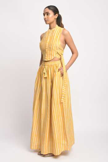 Shop_JAYATI GOENKA_Yellow Cotton, Chanderi Silk Tassels High Neck Sandy Printed Top And Skirt Set _Online_at_Aza_Fashions