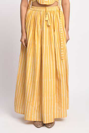 JAYATI GOENKA_Yellow Cotton, Chanderi Silk Tassels High Neck Sandy Printed Top And Skirt Set _at_Aza_Fashions