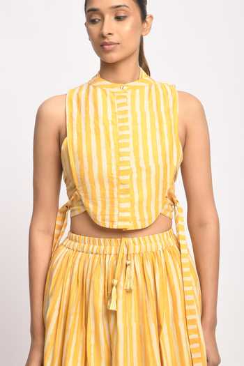 Shop_JAYATI GOENKA_Yellow Cotton, Chanderi Silk Tassels High Neck Sandy Printed Top And Skirt Set 