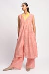 Buy_JAYATI GOENKA_Pink Cotton, Chanderi Silk V-, Halter Sun Printed Kurta And Pant Set _at_Aza_Fashions