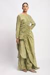 JAYATI GOENKA_Green Silk, Cotton, Chanderi Smocking Round Neck, Yes Earth Printed Kurta Set _Online_at_Aza_Fashions