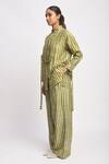 Shop_JAYATI GOENKA_Green Cotton, Chanderi Silk Mandarin Collar Herb Stripe Print Shirt And Pant Set _Online_at_Aza_Fashions
