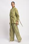 JAYATI GOENKA_Green Cotton, Chanderi Silk Mandarin Collar Herb Stripe Print Shirt And Pant Set _at_Aza_Fashions