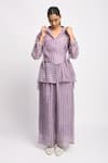 Buy_JAYATI GOENKA_Purple Cotton, Chanderi Silk Collared Lilac Stripe Print Shirt And Pant Set _at_Aza_Fashions