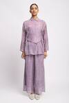 Buy_JAYATI GOENKA_Purple Cotton, Chanderi Silk Collared Lilac Stripe Print Shirt And Pant Set 
