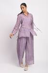 Shop_JAYATI GOENKA_Purple Cotton, Chanderi Silk Collared Lilac Stripe Print Shirt And Pant Set 