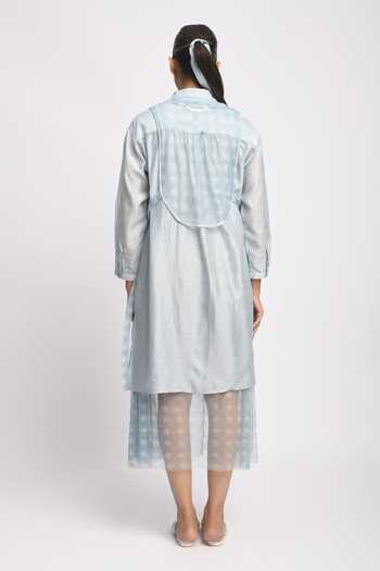 Shop_JAYATI GOENKA_Blue Cotton, Chanderi Silk, Mesh Collared Float Cord Layered Dress With Shirt _at_Aza_Fashions