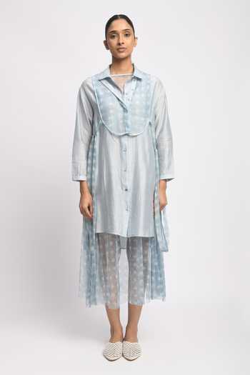 Buy_JAYATI GOENKA_Blue Cotton, Chanderi Silk, Mesh Collared Float Cord Layered Dress With Shirt _Online_at_Aza_Fashions