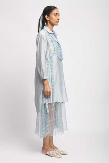 Shop_JAYATI GOENKA_Blue Cotton, Chanderi Silk, Mesh Collared Float Cord Layered Dress With Shirt _Online_at_Aza_Fashions