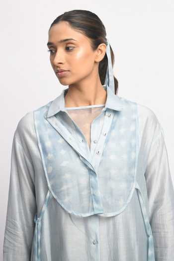 Buy_JAYATI GOENKA_Blue Cotton, Chanderi Silk, Mesh Collared Float Cord Layered Dress With Shirt 