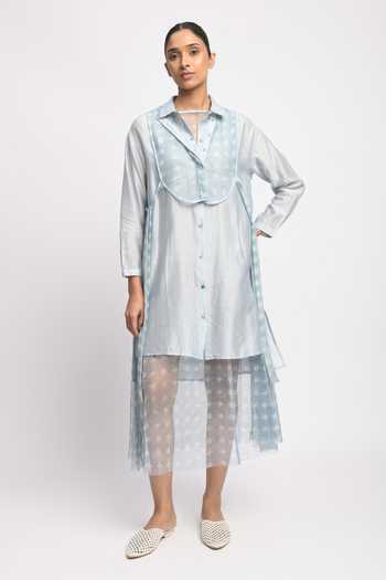Buy_JAYATI GOENKA_Blue Cotton, Chanderi Silk, Mesh Collared Float Cord Layered Dress With Shirt _at_Aza_Fashions