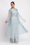 JAYATI GOENKA_Blue Cotton, Chanderi Silk, Mesh Collared Drift Cord Printed Kurta Set _at_Aza_Fashions