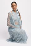 Buy_JAYATI GOENKA_Blue Cotton, Chanderi Silk, Mesh Collared Drift Cord Printed Kurta Set _Online