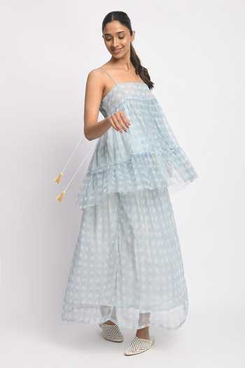 Jayati Goenka_Blue Cotton, Mesh Tassels Square Neck Misty Printed Skirt And Top Set _Online_at_Aza_Fashions