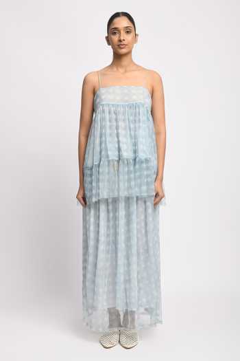 Buy_Jayati Goenka_Blue Cotton, Mesh Tassels Square Neck Misty Printed Skirt And Top Set _at_Aza_Fashions