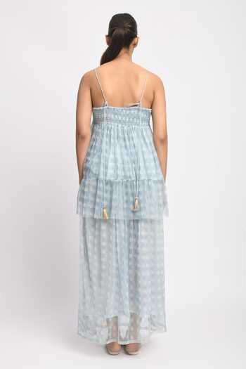 Shop_Jayati Goenka_Blue Cotton, Mesh Tassels Square Neck Misty Printed Skirt And Top Set _at_Aza_Fashions