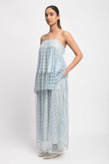 Shop_Jayati Goenka_Blue Cotton, Mesh Tassels Square Neck Misty Printed Skirt And Top Set _Online_at_Aza_Fashions