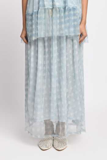Jayati Goenka_Blue Cotton, Mesh Tassels Square Neck Misty Printed Skirt And Top Set _at_Aza_Fashions