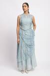 Buy_JAYATI GOENKA_Blue Cotton, Chanderi Silk, Mesh Halter Neck Horizon Line Cord Printed Skirt Set _at_Aza_Fashions