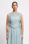 Buy_JAYATI GOENKA_Blue Cotton, Chanderi Silk, Mesh Halter Neck Horizon Line Cord Printed Skirt Set _Online_at_Aza_Fashions