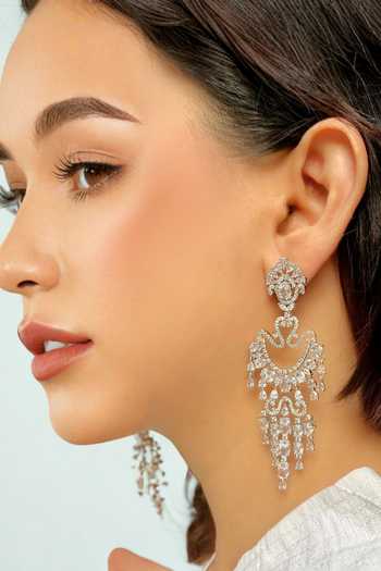 Buy_Prestones_Silver Plated Crystals, Stones Royal Cascade Zirconia Embellished Earrings _Online_at_Aza_Fashions
