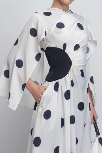 Leh Studios_Black Viscose, Polyester Shawl Neck Kaia Printed Draped Dress _Online_at_Aza_Fashions