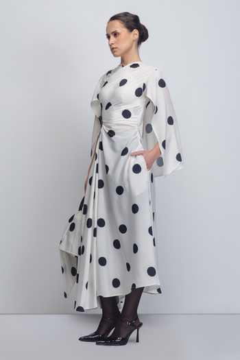 Buy_Leh Studios_Black Viscose, Polyester Shawl Neck Kaia Printed Draped Dress _Online_at_Aza_Fashions