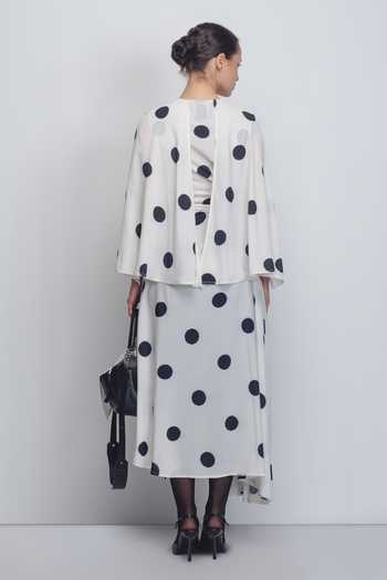 Shop_Leh Studios_Black Viscose, Polyester Shawl Neck Kaia Printed Draped Dress _at_Aza_Fashions