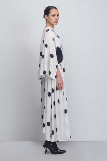Shop_Leh Studios_Black Viscose, Polyester Shawl Neck Kaia Printed Draped Dress _Online_at_Aza_Fashions