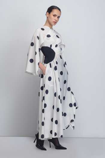 Leh Studios_Black Viscose, Polyester Shawl Neck Kaia Printed Draped Dress _at_Aza_Fashions