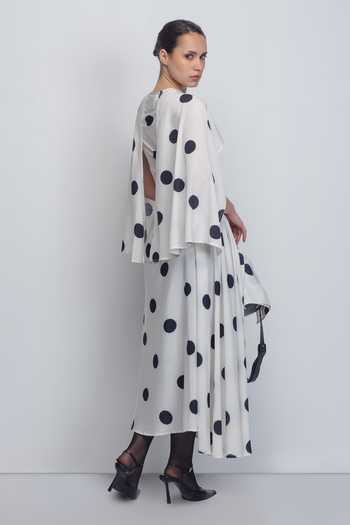 Buy_Leh Studios_Black Viscose, Polyester Shawl Neck Kaia Printed Draped Dress 