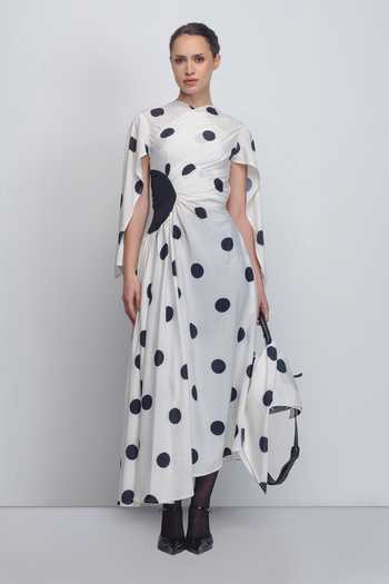 Buy_Leh Studios_Black Viscose, Polyester Shawl Neck Kaia Printed Draped Dress _at_Aza_Fashions