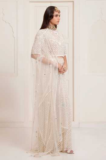 Surily G_Ivory Net Embroidery, Mirrors High Neck Top And Sharara Set _Online_at_Aza_Fashions