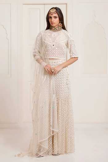Buy_Surily G_Ivory Net Embroidery, Mirrors High Neck Top And Sharara Set _at_Aza_Fashions