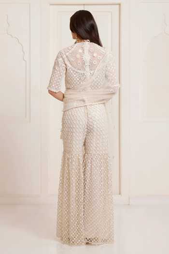 Shop_Surily G_Ivory Net Embroidery, Mirrors High Neck Top And Sharara Set _at_Aza_Fashions