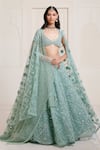 Buy_Surily G_Mint Net Embroidery, Mirrors Sweetheart Neck Jaal Work Lehenga Set _at_Aza_Fashions
