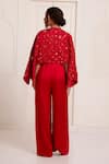 Shop_Surily G_Red Satin, Net Embroidery, Sequins, Mirrors V-neck Short Jacket _at_Aza_Fashions