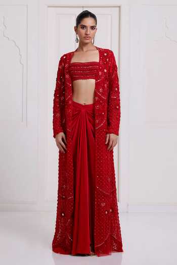 Buy_Surily G_Red Satin, Net Embroidery, Sequins, Mirrors Long Jacket And Draped Skirt Set _at_Aza_Fashions