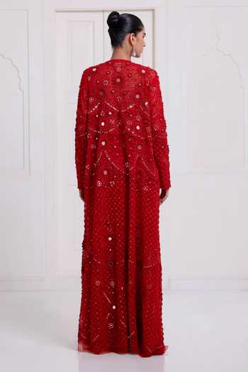Shop_Surily G_Red Satin, Net Embroidery, Sequins, Mirrors Long Jacket And Draped Skirt Set _at_Aza_Fashions