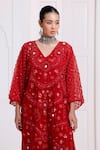 Surily G_Red Net Embroidery, Sequins, Mirrors V-neck Kaftan _Online_at_Aza_Fashions