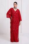 Buy_Surily G_Red Net Embroidery, Sequins, Mirrors V-neck Kaftan _at_Aza_Fashions
