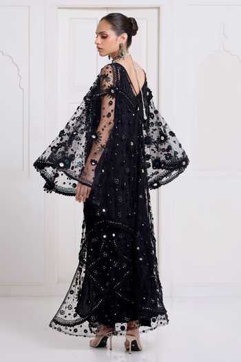 Shop_Surily G_Black Net Embroidery, Sequins, Mirrors V-neck Kaftan And Slip Set _at_Aza_Fashions