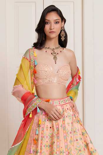 Surily G_Peach Silk, Organza Embroidery, Mirrors, Tassels Sweetheart Neck Lehenga Set _Online_at_Aza_Fashions
