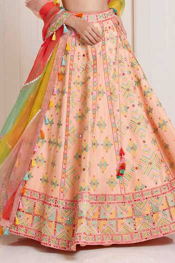Buy_Surily G_Peach Silk, Organza Embroidery, Mirrors, Tassels Sweetheart Neck Lehenga Set _Online_at_Aza_Fashions