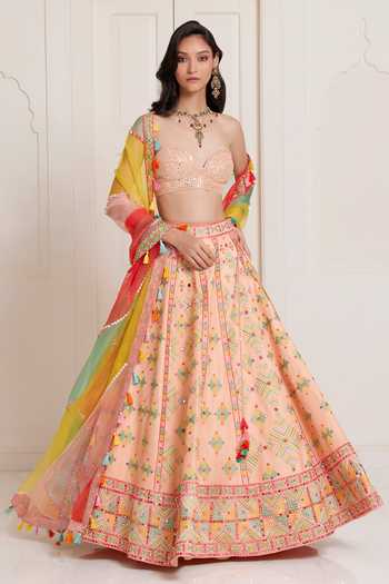 Buy_Surily G_Peach Silk, Organza Embroidery, Mirrors, Tassels Sweetheart Neck Lehenga Set _at_Aza_Fashions