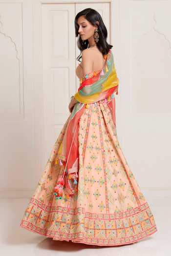 Shop_Surily G_Peach Silk, Organza Embroidery, Mirrors, Tassels Sweetheart Neck Lehenga Set _at_Aza_Fashions