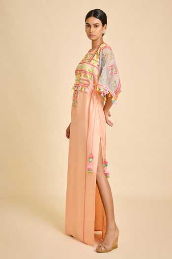 Shop_Surily G_Peach Silk, Organza Tassels Round Neck Kaftan _at_Aza_Fashions
