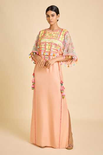 Buy_Surily G_Peach Silk, Organza Tassels Round Neck Kaftan _at_Aza_Fashions